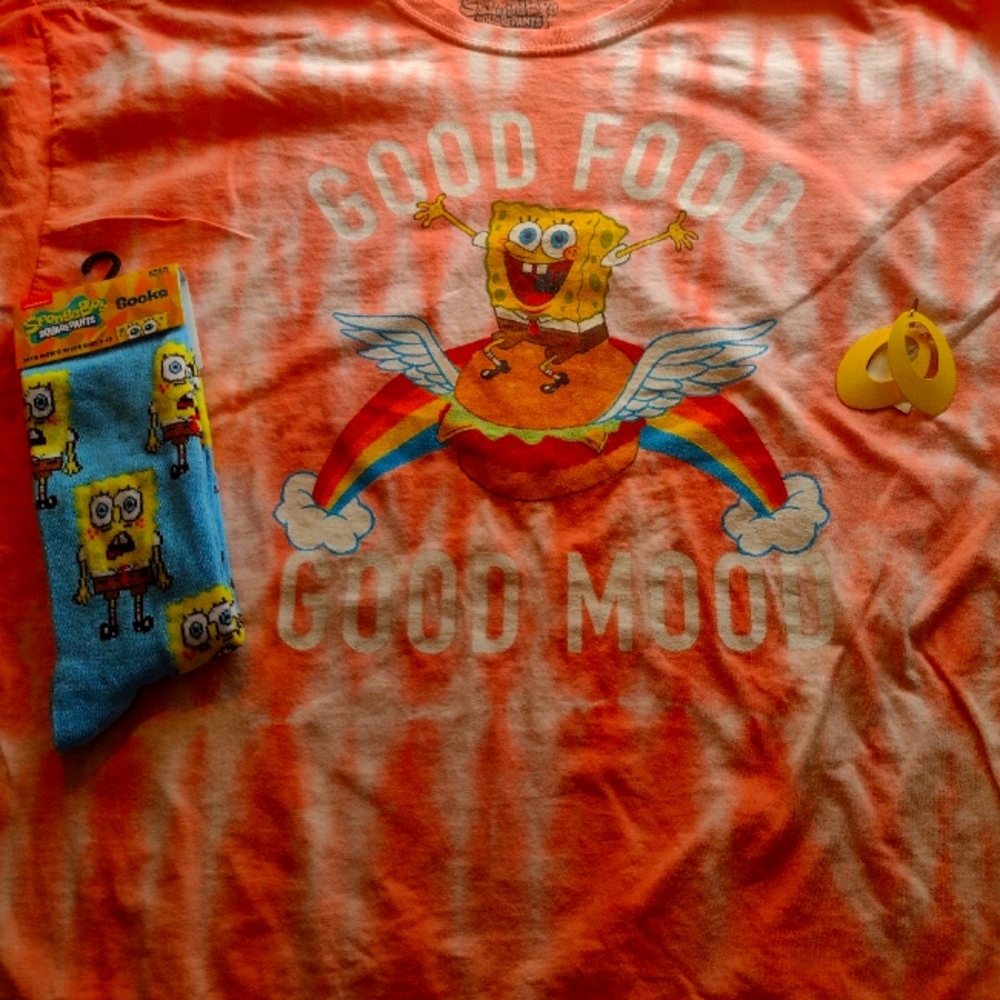 Nickelodeon, SpongeBob, Women's Xlg T-shirt,w NEW MATCHING EARRINGS & Socks